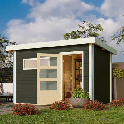 Produktbild von Karibu Holz Gartensauna / Saunahaus "Skrollan 1" terragrau 336 x 196 x 228 cm (B x T x H) ohne Ofen mit Klarglastür