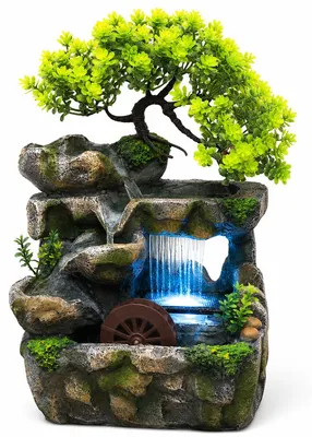 Produktbild von Tischbrunnen LED mit beruhigendem Wasserlauf, Zimmerbrunnen Wasserfall zur Entspannung, Meditation und Dekoration für Zuhause & Büro