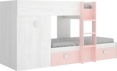 Produktbild von Kinderbett Dbajram, Komplettes Schlafzimmer mit Kleiderschrank und Schubladen, Etagenbettkomposition mit zwei Einzelbetten, 271 x 111 x 150 cm, Weiß und Rosa
