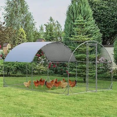 Imagen del producto de Gallinero resistente al invierno, recinto exterior de metal galvanizado, gallinero con puerta con cerradura, techo abovedado y malla de alambre, recinto exterior para gallinas, conejos y otros animales pequeños, dimensiones: 280 x 380 x 195 cm