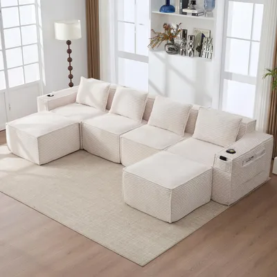 Zdjęcie produktu dla Modułowa 4-osobowa sofa z tkaniny corduroy z 2 podnóżkami, duża sofa narożna z wypełnieniem sprężynowym i pianką o wysokiej gęstości, sofa z uchwytami na napoje i kieszeniami bocznymi do salonu