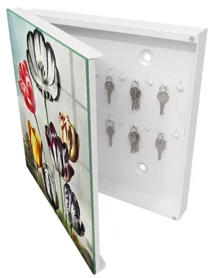 Produktbild von Weißer Metall-Schlüsselkasten, 30 x 30 cm – Schlüsselkasten zur Wandmontage mit Tür – Schlüsselkasten mit nach links öffnender Tür – praktischer Aufbewahrungsort für Schlüssel zu Hause – Retro-Tulpen, KI-generiertes Bild