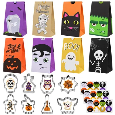 Halloween-Keksausstecher-Set, 8 Stück + 24 Papiertüten