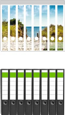 Produktbild von Wallario 8 Stück schmale Ordner inkl. Klebeetiketten mit Motive Auf dem Sandweg zum Strand -  Set mit Rückenschildern / Ordnerrücken Stickern