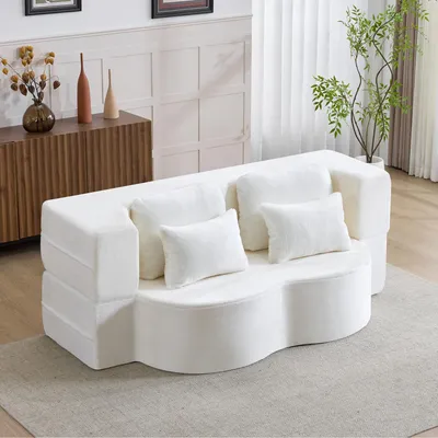 Produktbild von MODFU 2-Sitzer-Sofa,modernes Relaxsofa,Ecksofa mit 4 Kissen,2-in-1 Klappsofa,Bodensofa aus Flanell,Schlafsofa für Wohnzimmer, Gästezimmer und Schlafzimmer,Weiß