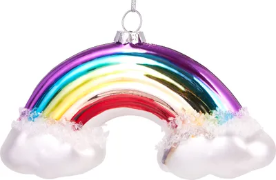 A close-up studio shot of a rainbow-shaped Christmas ornament with fluffy white clouds at the bottom.