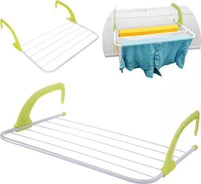 Collage of images showing a white and green clothes drying rack with green handles, in different configurations and contexts.