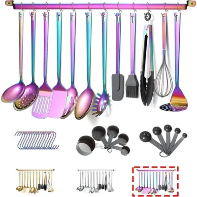 Produktbild von Küchenutensilien Set 37-teilig Edelstahl mit Titan-Regenbogenüberzug und Utensilienhalter, spülmaschinenfest