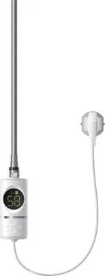 A white electric heating element for a towel radiator, with a digital display and a power plug.