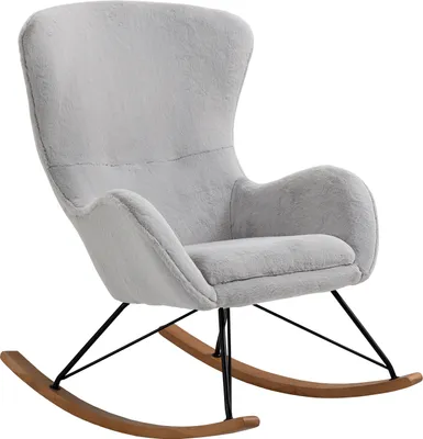 Produktbild von SalesFever Schaukelstuhl in Lammfelloptik | Bezug Kunstfell | Kufen Eichenholz | Gestell Metall | B 70 x T 94 x H 102 cm | hellgrau – schwarz – natur