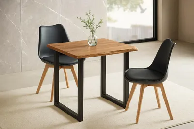 Produktbild von Essgruppe Baumkante massiv 80 x 80 cm Holz Wildeiche-Optik U-Gestell schwarz & 2 Stühle schwarz JOSY
