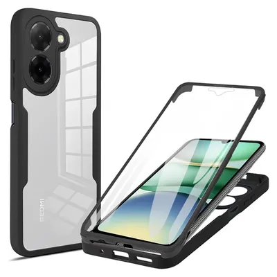 A phone case and a phone with a screen protector are displayed against a white background.