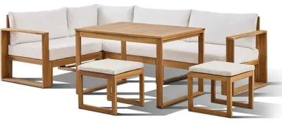 Image de Salon de jardin d'angle modulable - Bois d'acacia - 6 personnes - LEVATA DINING - Blanc cassé + Housse