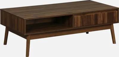 Produktbild von sweeek, Couchtisch, Dunkles Holzdekor, Skandinavisch, geriffelt, 2 Nischen, 1 Schublade beidseitig montierbar, zirkelförmige Holzbeine, L 110 x B 59 x H 39 cm, Paneelstärke 1,5 cm, Gewicht 22,2 kg, Max. Belastbarkeit 50 kg