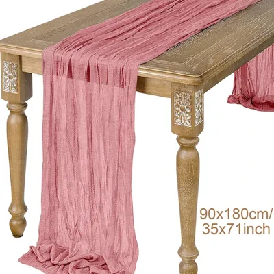 Produktbild von 1 Stück Rosa RomSeihtuch Tischläufer lang Boho Rustikaler Gazeantischer Stoff Tischdecke für Hochzeit und Geburtstag Dekoration 90 x 180 cm