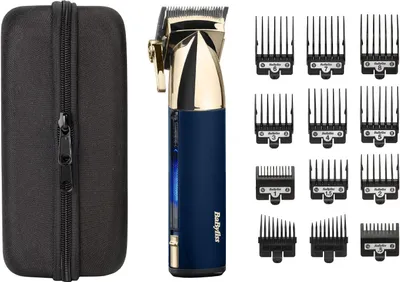 A hair clipper set with accessories and a storage case, displayed on a white background.