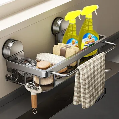 Produktbild von Ibenzoa® Saugnapf-Organizer für Küche & Bad – Aluminium (pulverbeschichtet), 2 Saugnäpfe, 5 kg Tragkraft, Handtuchstange & Doppelhaken, Ablauflöcher, ohne Bohren