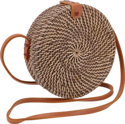 Produktbild von Geflochtene Handtasche, Korbtasche, Rattantasche, Balitasche Rund - Modell 1, Braun, Rattan,Rattan, 20*20*7 cm, Körbe & Korbtaschen