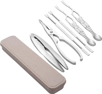 Produktbild von 6 Stück Meeresfrüchte-Werkzeuge Set: 2 Hummer Cracker und 4 Gabeln Gesetzt