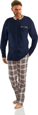 Produktbild von Sesto Senso Herren Pyjama Set - Langarm, 100% Baumwolle, Klassischer Schnitt, Modisches Karomuster, Atmungsaktiv, Ideal für jede Jahreszeit, Dunkelblau M