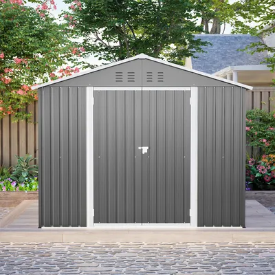 Image de Abri de jardin en métal anthracite 8 x 6 pieds, abri robuste avec porte battante, idéal pour ranger les outils et le matériel de jardinage
