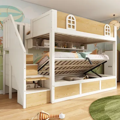 Produktbild von Flieks Hydraulisches Etagenbett 90x200cm mit Regal und offenen Staufächern, Kinderbett Hausbett mit Rausfallschutz und Lattenrost, Hochbett Weiß