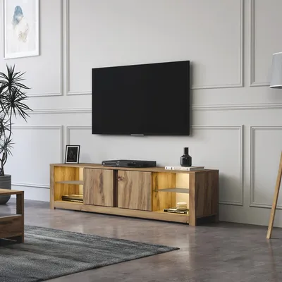 Image de Skye Decor, support TV de haute qualité, 180 x 45 x 35 cm, fabriqué en panneaux de particules mélaminés de 18 mm d'épaisseur, avec étagères en verre, possibilité de fixation murale, éclairage LED, finition chêne, style rustique.