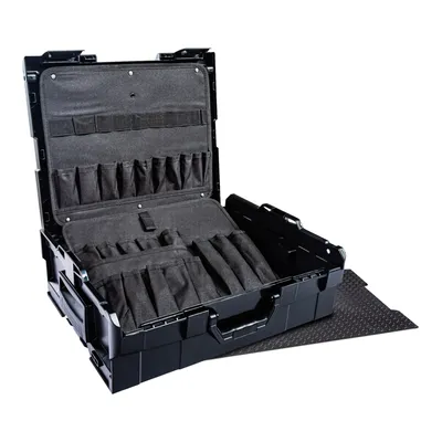 An open black tool case with various compartments and tools inside, placed on a black textured mat.
