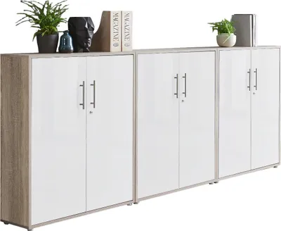 Produktbild von Aktenschrank TABOR 99 in Eiche Sonoma / weiß matt, Schrankwand, Büroschrank, abschließbar, Metallgriffe