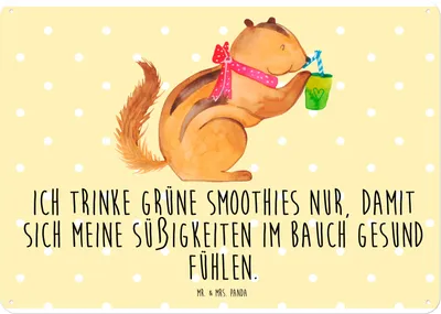 Produktbild von Mr. & Mrs. Panda Schild Eichhörnchen Smoothie DIN A4 - Gelb Pastell - Geschenk, Lustige Sprüche, Green Smoothies, Diät, Streifenhörnchen, Wandbild, Nostalgieschild, tafel