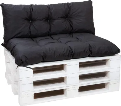 A black cushion set for a pallet sofa, placed on a white wooden pallet base, against a white background.