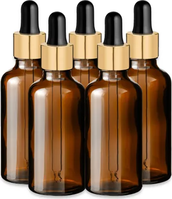 Produktbild von 5x Glasflasche braun 50 ml mit goldener Aluminium Pipette Tropfflasche