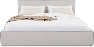 Produktbild von Polsterbett CALM in 160x200 cm in Leinenoptik, Grau- Doppelbett mit weicher Polsterung und hohem Kopfteil, inklusive Lattenrost, pflegeleicht und strapazierfähig, ideal für moderne Schlafzimmer