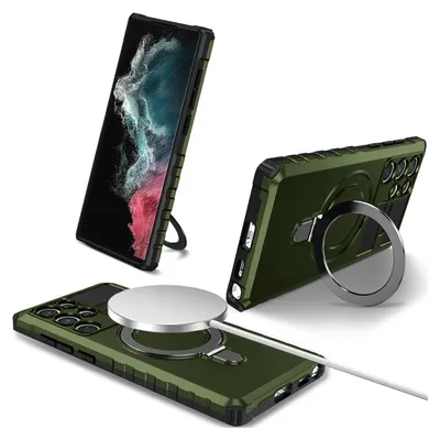 Immagine prodotto di Per Samsung Galaxy S22 Ultra 5G Custodia Magsafe Magnetic Ring Stand Custodia protettiva, Custodia per cellulare a doppio strato verde