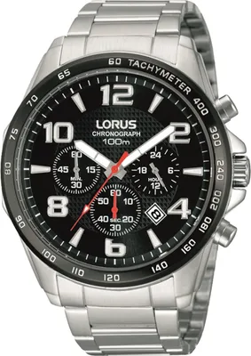 A close-up studio shot of a Lorus chronograph watch against a light gray background.