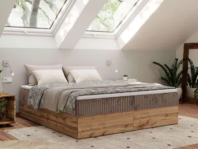Produktbild von MKS MEBLE Boxspringbett, Polsterbett WOOD ZERO ohne Kopfteil, mit Stauraum & Bettkasten, 7-Zonen-Taschenfederkernmatratze, modernes Doppelbett in Holzoptik - Braun Cord - H4 - Topper T25