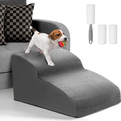 Produktbild von Hondentreppe - Hundetreppe mit 2 Stufen für kleine Hunde - Haustiertreppe - Katzentreppe - Hunde Rampen - waschbare Hundetreppe mit abnehmbarem Bezug - Fusselrolle - grau