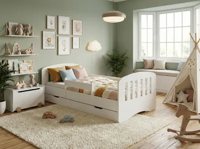 Immagine prodotto di Letto per bambini Happy Babies - con materasso e cassetto e protezione anticaduta, 80x160, letti per bambine e ragazzi letto per bambini bianco