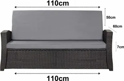 A front view of a grey and black outdoor sofa cushion set with dimensions indicated by text and arrows.