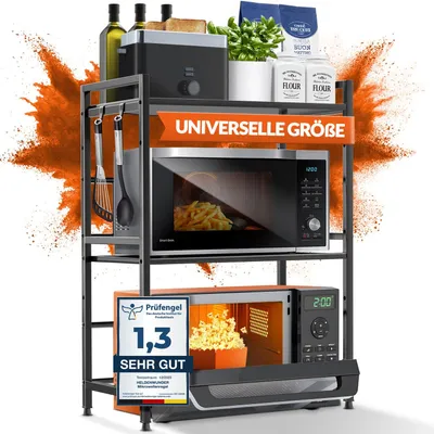 Produktbild von Heldenwunder Mikrowellenregal Küchenregal stehend Stahl (3-stufig) | Mikrowellen Regal Mikrowellenschrank | Vorratsregal Bäckerregal höhen & längenverstellbare Ablage + Videoanleitung, Haken - Schwarz