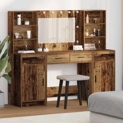Image de Ensemble de table de maquillage avec LED 3 pcs Bois ancien