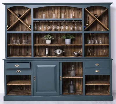 Produktbild von Casa Padrino Landhausstil Barschrank Blau / Dunkelbraun 240 x 50 x H. 210 cm - Massivholz Weinschrank im Landhausstil - Landhausstil Möbel - Bar Möbel im Landhausstil - Landhausstil Einrichtung