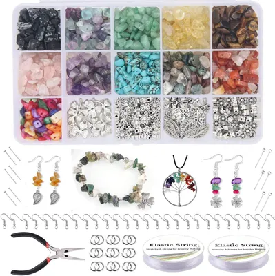 Imagen del producto de Kit de manualidades para joyería con 900 piezas, incluyendo cuentas de piedra natural, dijes, enganches para pendientes, pulseras, ideal para proyectos creativos