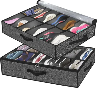 Produktbild von 2er-Pack Schuhaufbewahrungstaschen mit transparentem Fenster – Schuh-Organizer zur Aufbewahrung, 12 Fächer, Unterbett-Aufbewahrungsbox, schwarzer Leinenstoff