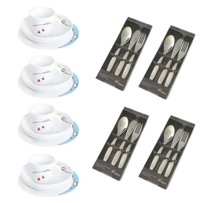 Immagine prodotto di Set di 12 pezzi di posate per bambini con motivi di animali: forchetta, coltello e cucchiaio.
Set di 12 pezzi di stoviglie per bambini: piatto, ciotola per zuppa e tazza