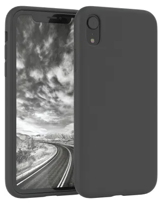 A dark gray silicone phone case is shown in a studio shot, with the phone screen displaying a black and white landscape image.