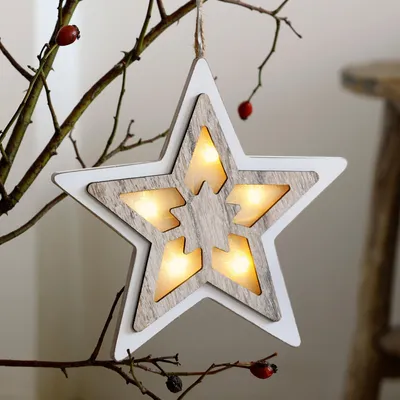 Produktbild von LED Stern Holz weiß beleuchtet Deko Winter Weihnachten 5 LED warmweiß Batterie