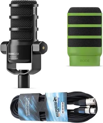 Produktbild von Rode Mikrofon Podmic USB mit WS14G Popschutz Grün und Kabel
