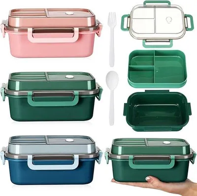 Immagine prodotto di Contenitore per il pranzo in plastica, 3 pezzi, a doppio strato, con 3 scomparti, adatto al microonde, alla lavastoviglie e al forno