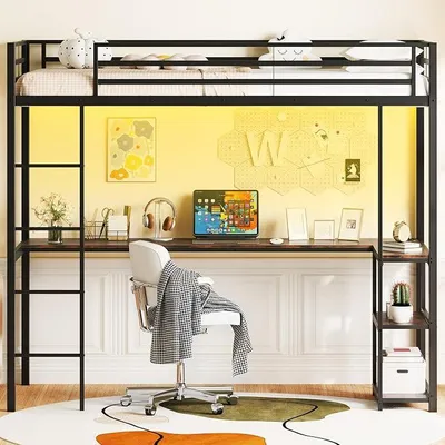 Produktbild von Hochbett mit Schreibtisch 90x200cm, Etagenbett mit LED-Beleuchtung, Ladestation & 2 Ablagen, Stockbett aus Metall, Kinderbett mit Sicherheitsgeländer & Leiter, Jugendbett (Schwarz)